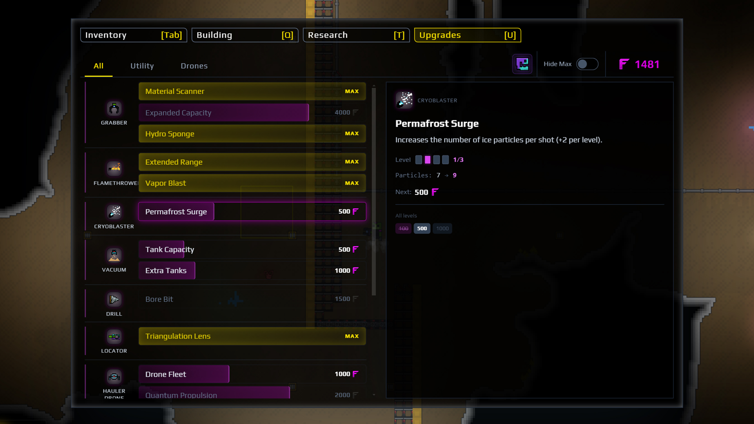 Upgrades screen